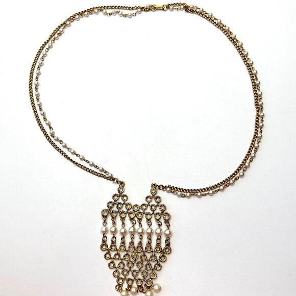 '60s NECKLACE STACK: Gold Geometric Pendant w/Pearls & Vendome Mesh Bib Pairing - Picture 4 of 16
